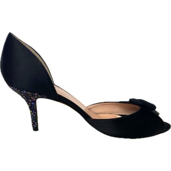 KATE SPADE NY Sala Glitter Heel D'Orsay Pumps SZ 9.5 Black Satin Peep Toe Formal - Picture 5 of 10